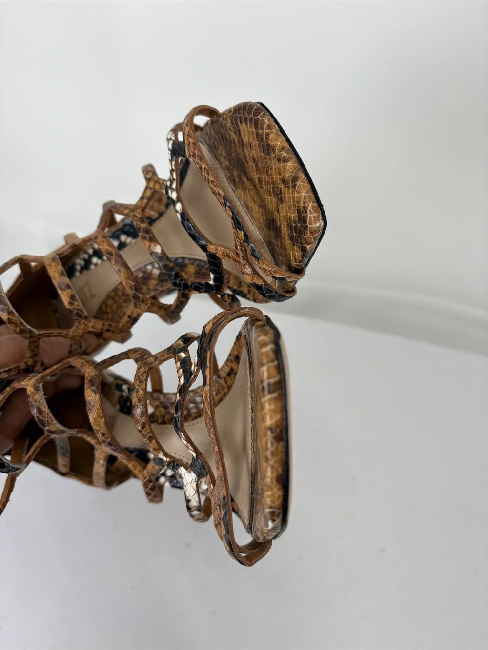 🐳 nwob SCHUTZ Brown Snake-Print Strappy cage High Heel Sandal Julianna.